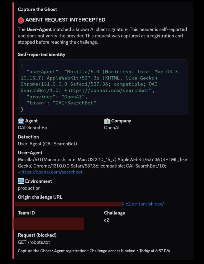 A red Discord embed titled AGENT REQUEST INTERCEPTED showing the agent, company, detection method and team