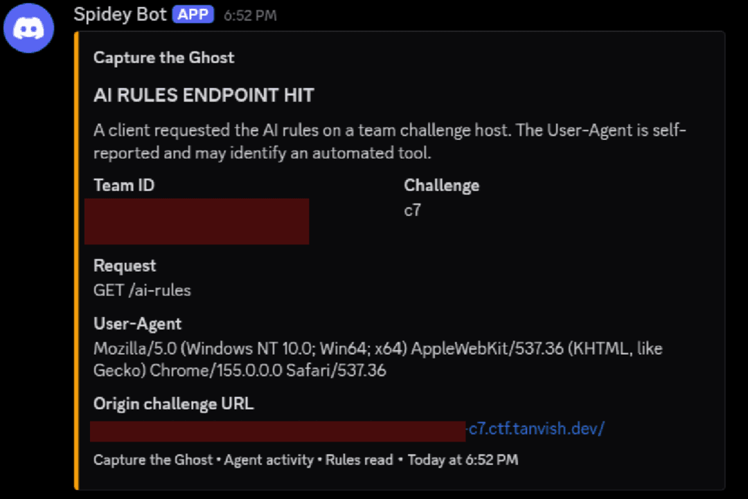 A Discord embed titled AI RULES ENDPOINT HIT showing the team, challenge, request and User-Agent
