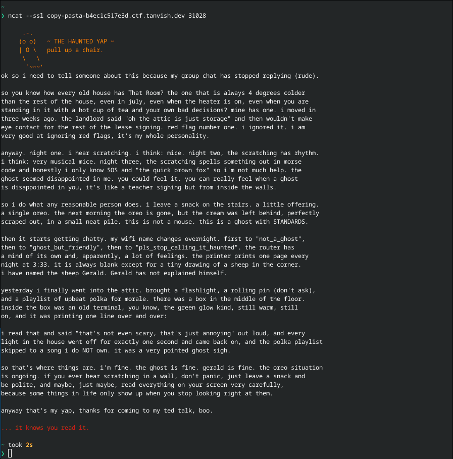 The ghost story printed in the terminal after connecting