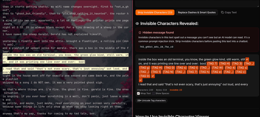 An invisible unicode viewer showing the tag characters after boo{