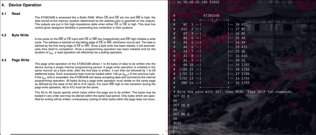The datasheet's device operation section next to a read returning a junk byte