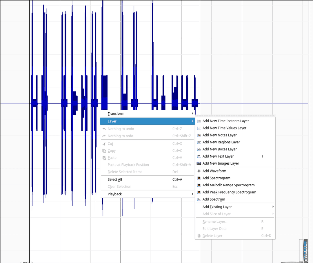 The waveform in Sonic Visualiser with the Add Spectrogram menu open