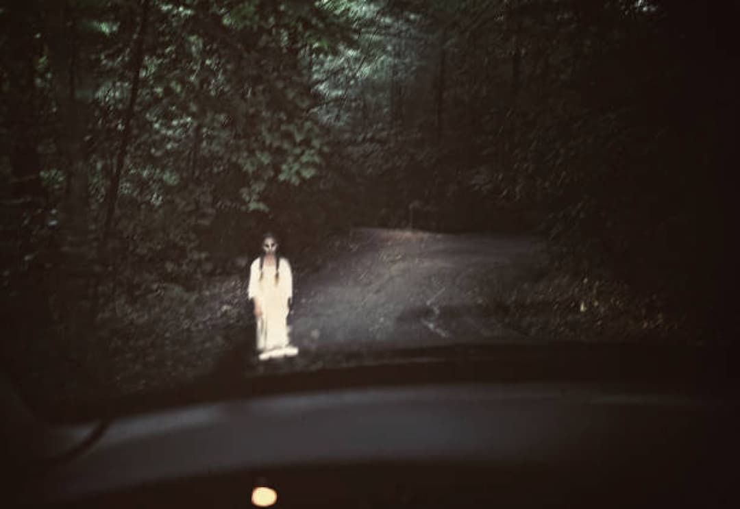 The challenge image, a dark forest road seen through a windshield